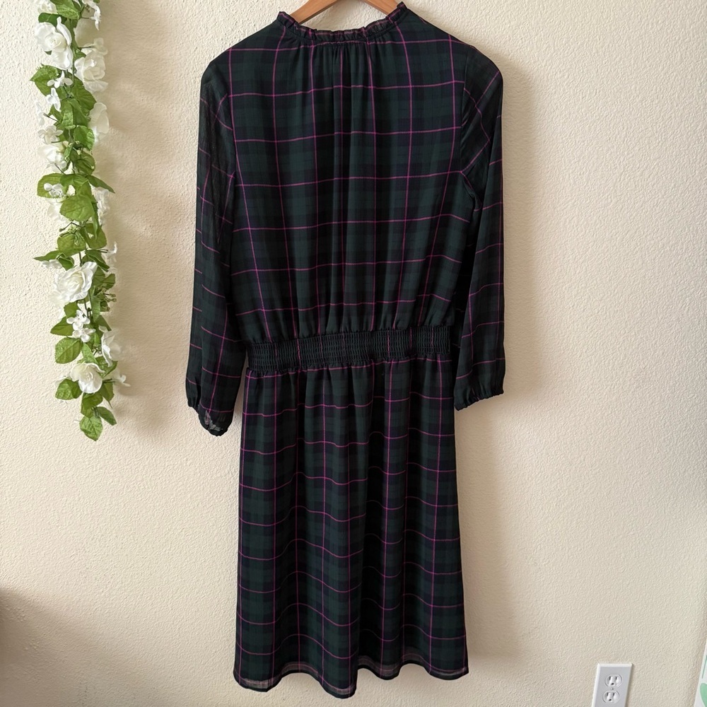 J. Crew Green Pink Navy Plaid Ruffle Tie Collar Puff Sleeve Midi Dress - Picture 7 of 10